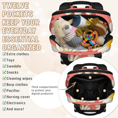 Cute Daisly Flowers Diaper Bag Backpack for Travel, Waterproof Diaper Bag with Insulated Bottle Pockets & USB Port, Large Capacity Baby Bag for Moms & Dads