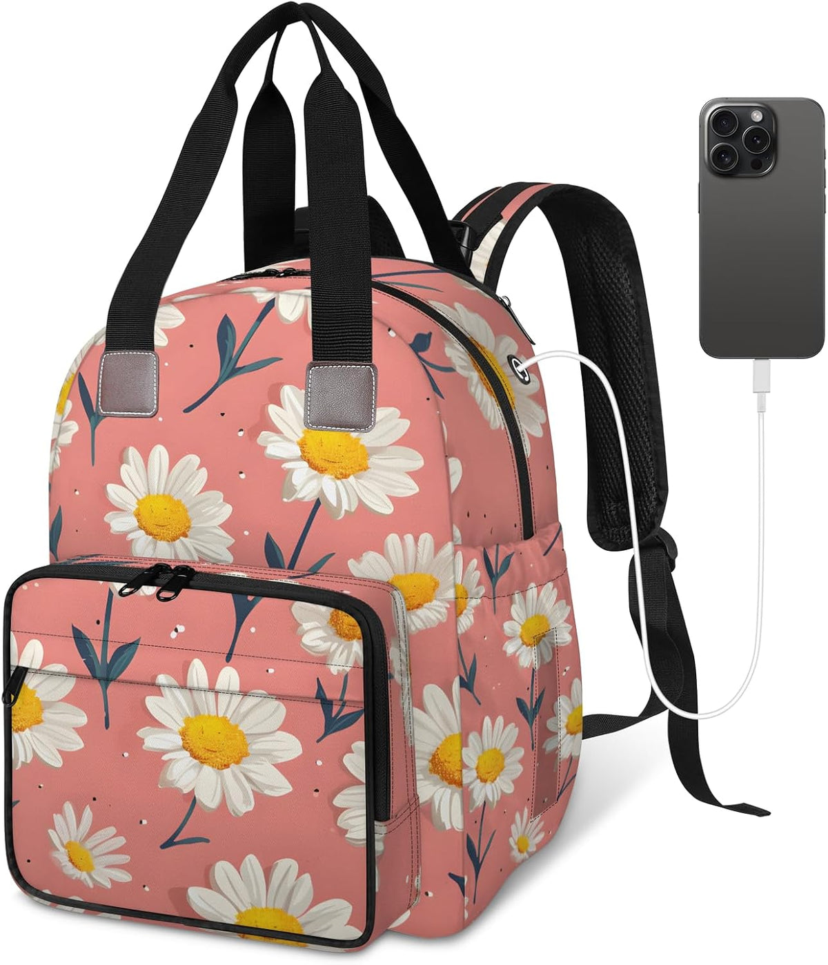 Cute Daisly Flowers Diaper Bag Backpack for Travel, Waterproof Diaper Bag with Insulated Bottle Pockets & USB Port, Large Capacity Baby Bag for Moms & Dads