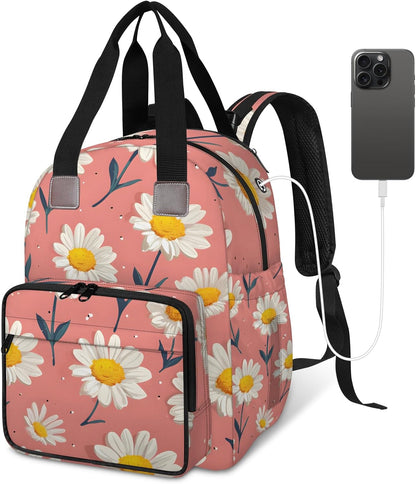 Cute Daisly Flowers Diaper Bag Backpack for Travel, Waterproof Diaper Bag with Insulated Bottle Pockets & USB Port, Large Capacity Baby Bag for Moms & Dads