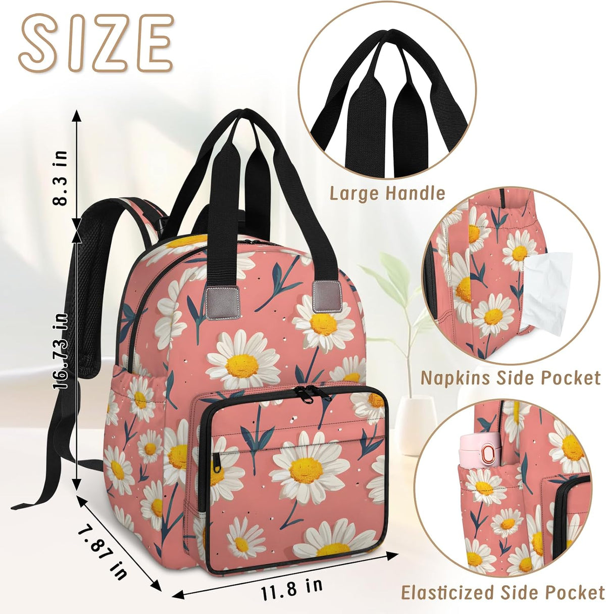 Cute Daisly Flowers Diaper Bag Backpack for Travel, Waterproof Diaper Bag with Insulated Bottle Pockets & USB Port, Large Capacity Baby Bag for Moms & Dads