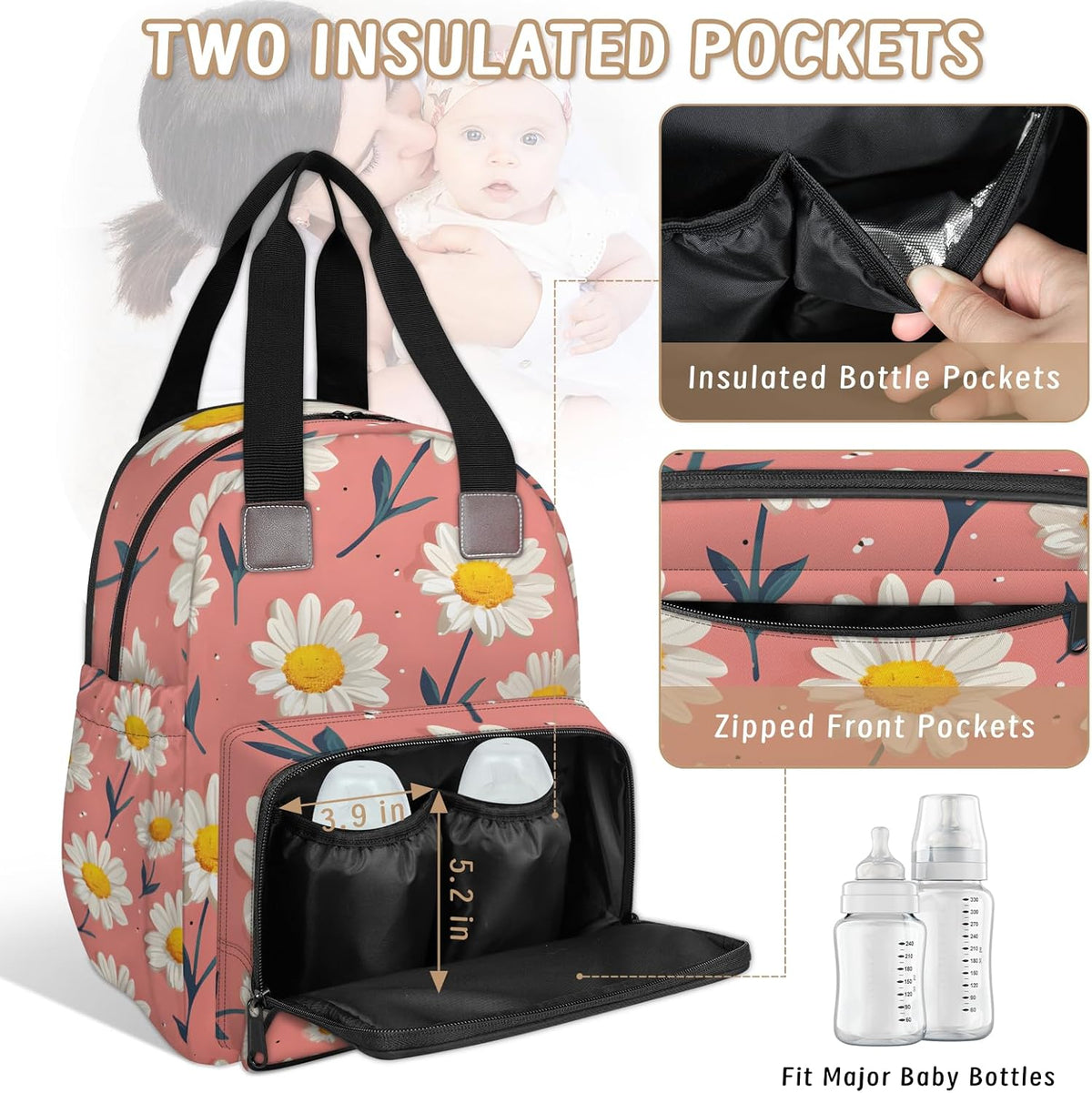 Cute Daisly Flowers Diaper Bag Backpack for Travel, Waterproof Diaper Bag with Insulated Bottle Pockets & USB Port, Large Capacity Baby Bag for Moms & Dads