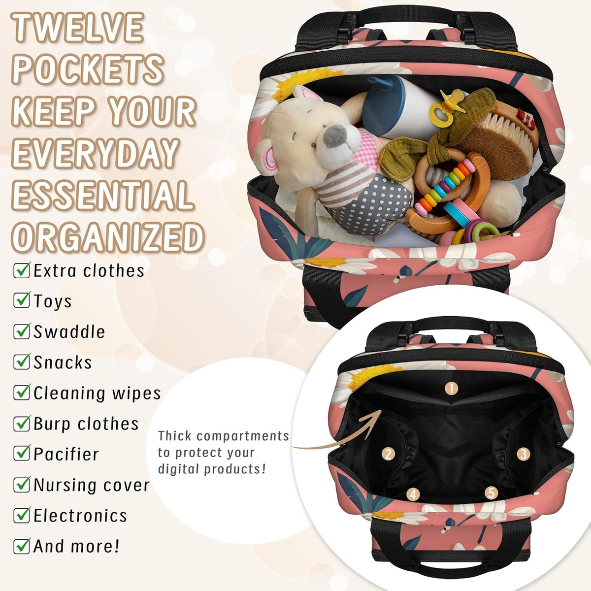 Cute Daisly Flowers Diaper Bag Backpack for Travel, Waterproof Diaper Bag with Insulated Bottle Pockets & USB Port, Large Capacity Baby Bag for Moms & Dads