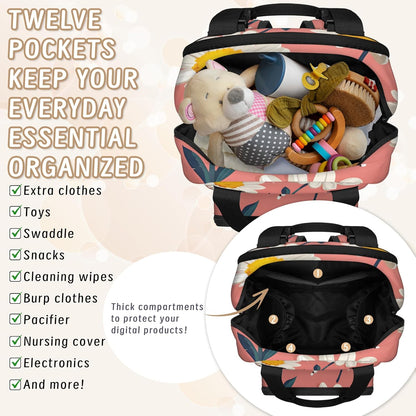 Cute Daisly Flowers Diaper Bag Backpack for Travel, Waterproof Diaper Bag with Insulated Bottle Pockets & USB Port, Large Capacity Baby Bag for Moms & Dads