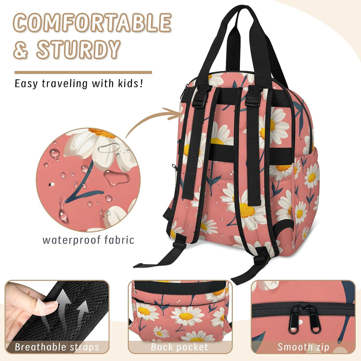 Cute Daisly Flowers Diaper Bag Backpack for Travel, Waterproof Diaper Bag with Insulated Bottle Pockets & USB Port, Large Capacity Baby Bag for Moms & Dads