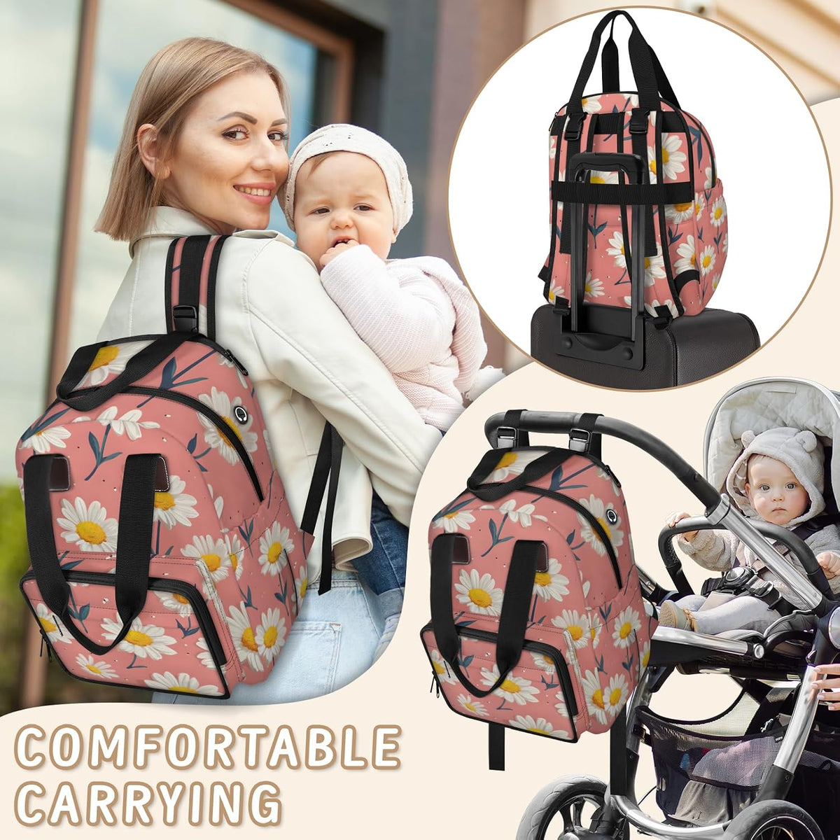 Cute Daisly Flowers Diaper Bag Backpack for Travel, Waterproof Diaper Bag with Insulated Bottle Pockets & USB Port, Large Capacity Baby Bag for Moms & Dads