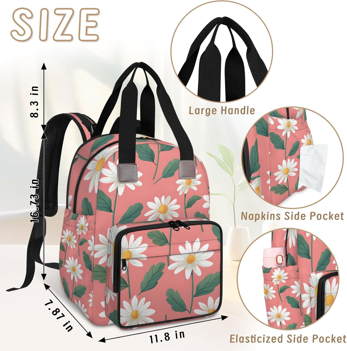 Cute Daisly Flowers Diaper Bag Backpack for Travel, Waterproof Diaper Bag with Insulated Bottle Pockets & USB Port, Large Capacity Baby Bag for Moms & Dads