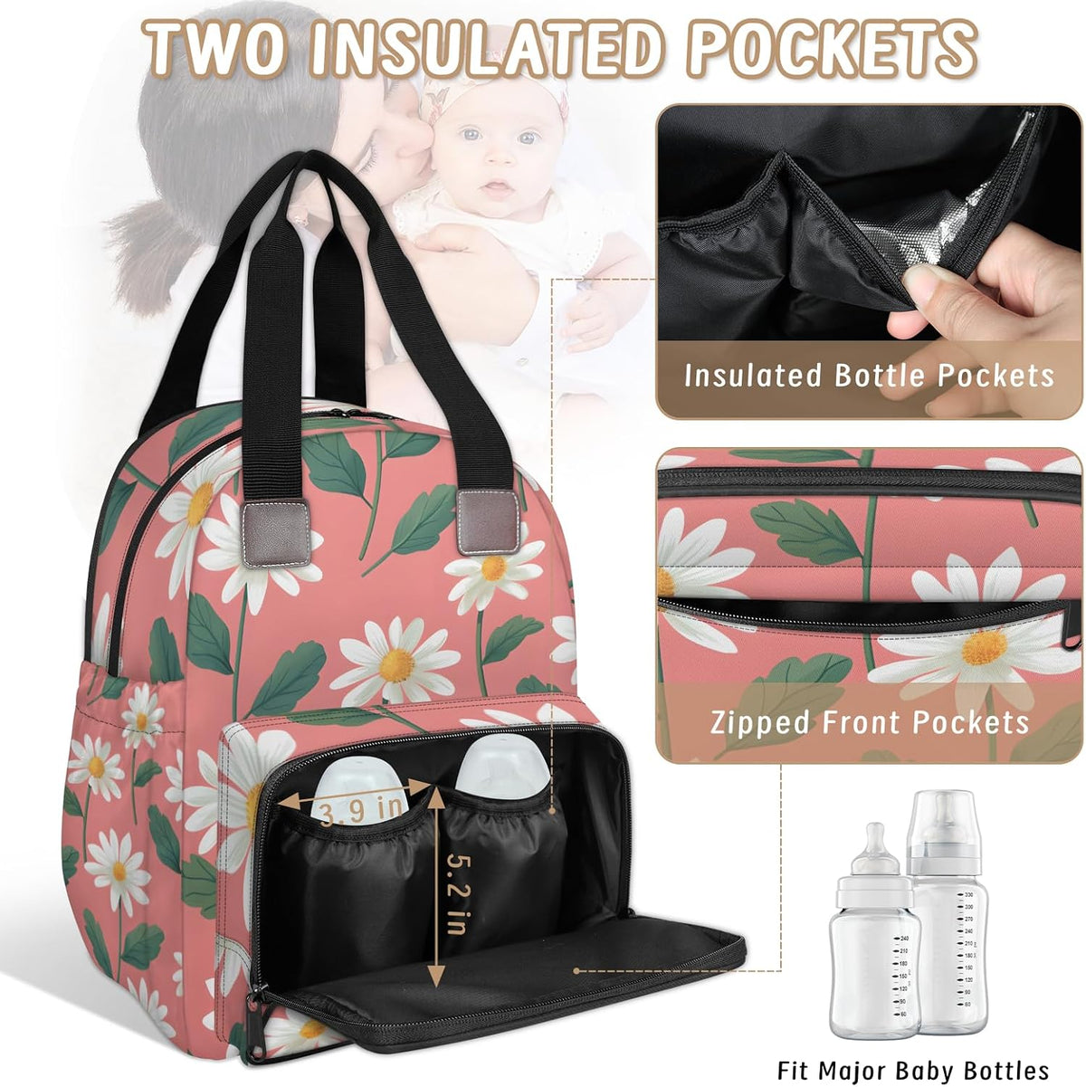 Cute Daisly Flowers Diaper Bag Backpack for Travel, Waterproof Diaper Bag with Insulated Bottle Pockets & USB Port, Large Capacity Baby Bag for Moms & Dads