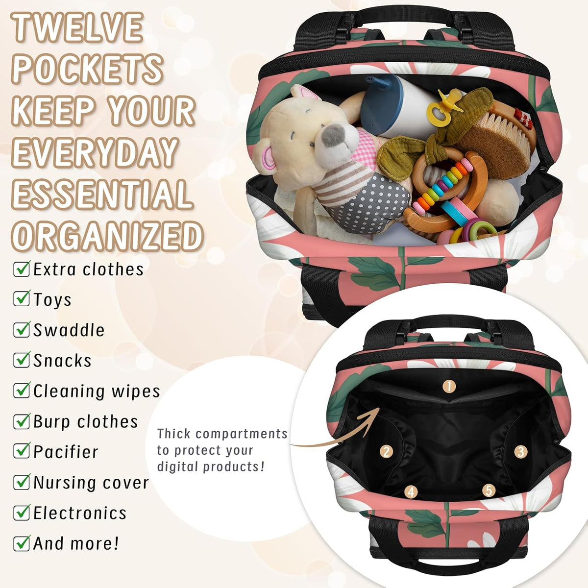 Cute Daisly Flowers Diaper Bag Backpack for Travel, Waterproof Diaper Bag with Insulated Bottle Pockets & USB Port, Large Capacity Baby Bag for Moms & Dads