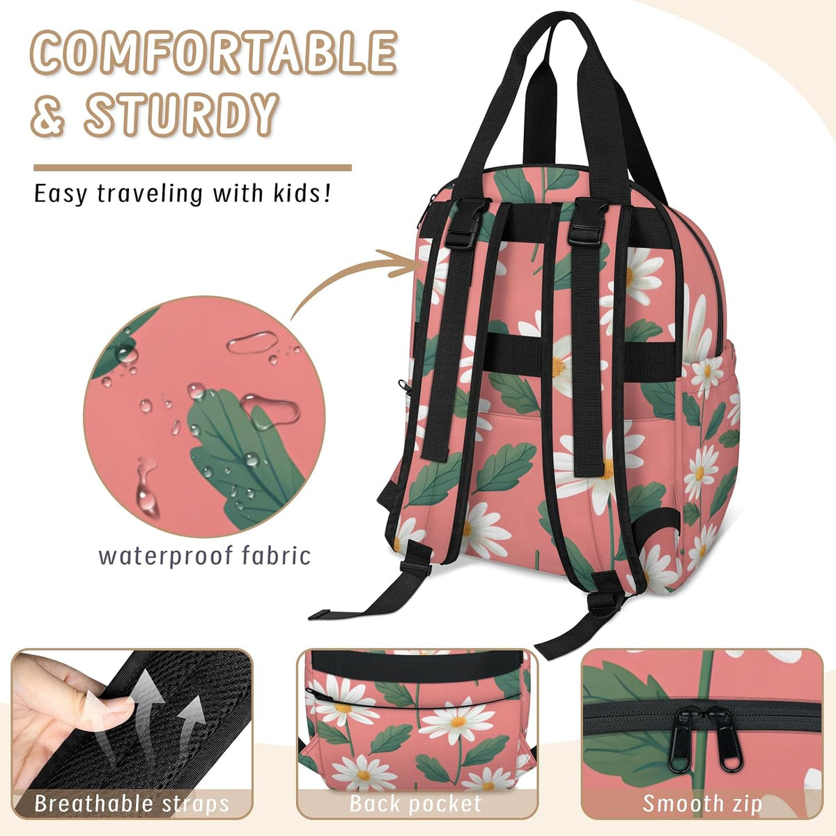 Cute Daisly Flowers Diaper Bag Backpack for Travel, Waterproof Diaper Bag with Insulated Bottle Pockets & USB Port, Large Capacity Baby Bag for Moms & Dads