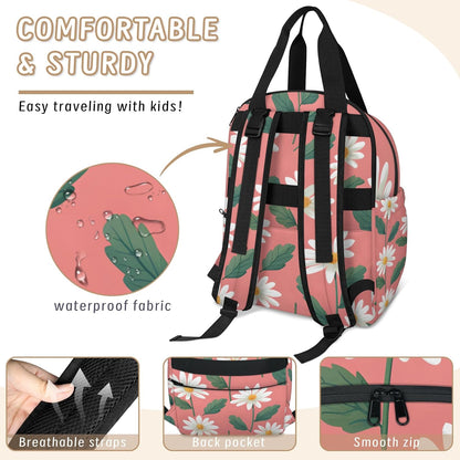 Cute Daisly Flowers Diaper Bag Backpack for Travel, Waterproof Diaper Bag with Insulated Bottle Pockets & USB Port, Large Capacity Baby Bag for Moms & Dads