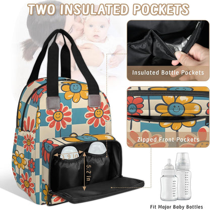 Cute Daisly Flowers Diaper Bag Backpack for Travel, Waterproof Diaper Bag with Insulated Bottle Pockets & USB Port, Large Capacity Baby Bag for Moms & Dads