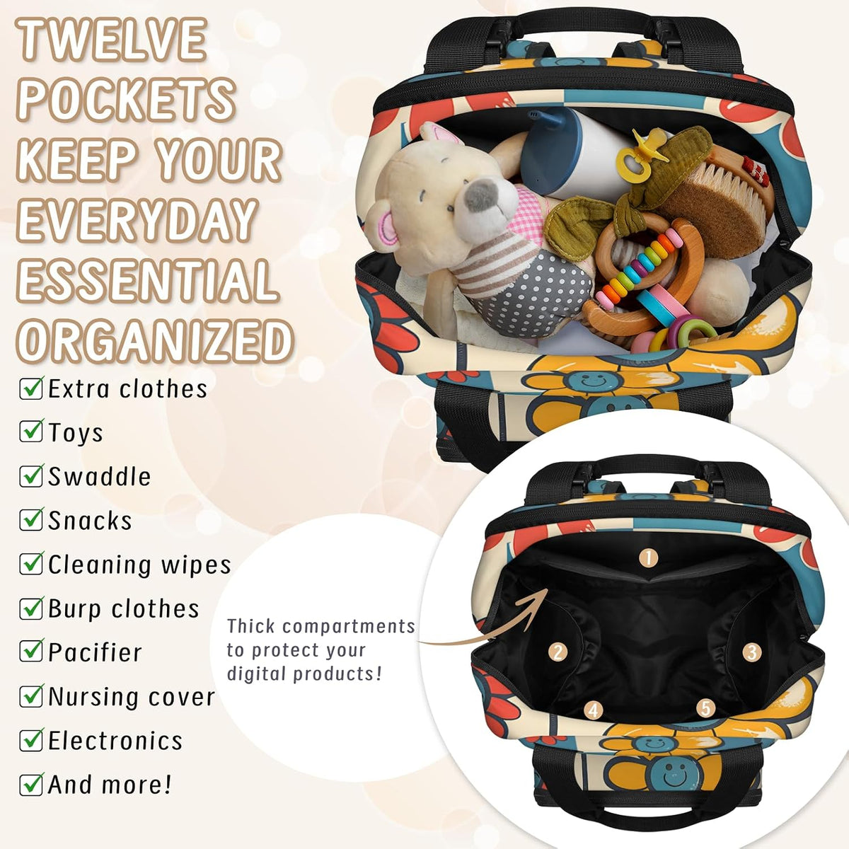 Cute Daisly Flowers Diaper Bag Backpack for Travel, Waterproof Diaper Bag with Insulated Bottle Pockets & USB Port, Large Capacity Baby Bag for Moms & Dads