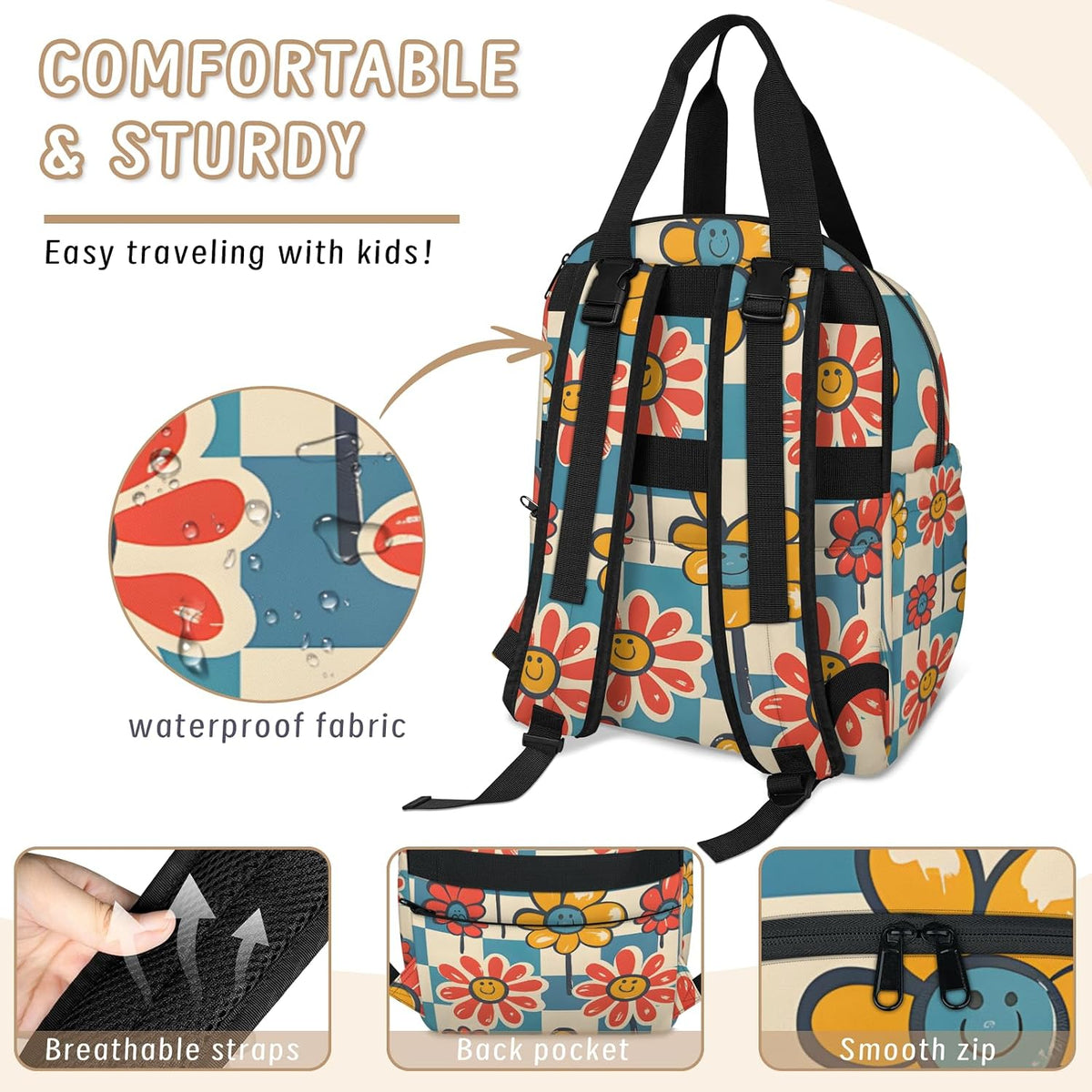 Cute Daisly Flowers Diaper Bag Backpack for Travel, Waterproof Diaper Bag with Insulated Bottle Pockets & USB Port, Large Capacity Baby Bag for Moms & Dads