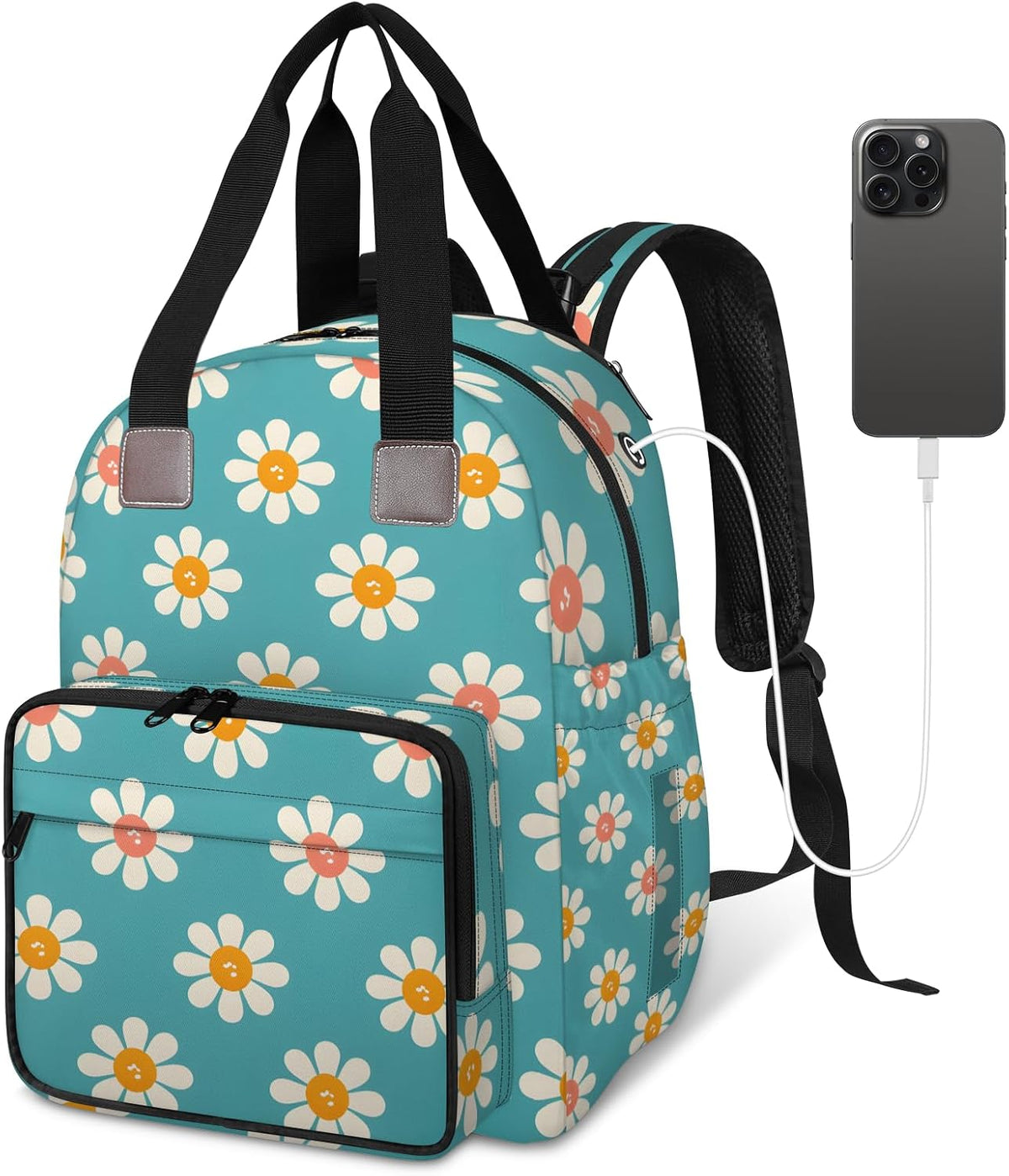 Cute Daisly Flowers Diaper Bag Backpack for Travel, Waterproof Diaper Bag with Insulated Bottle Pockets & USB Port, Large Capacity Baby Bag for Moms & Dads