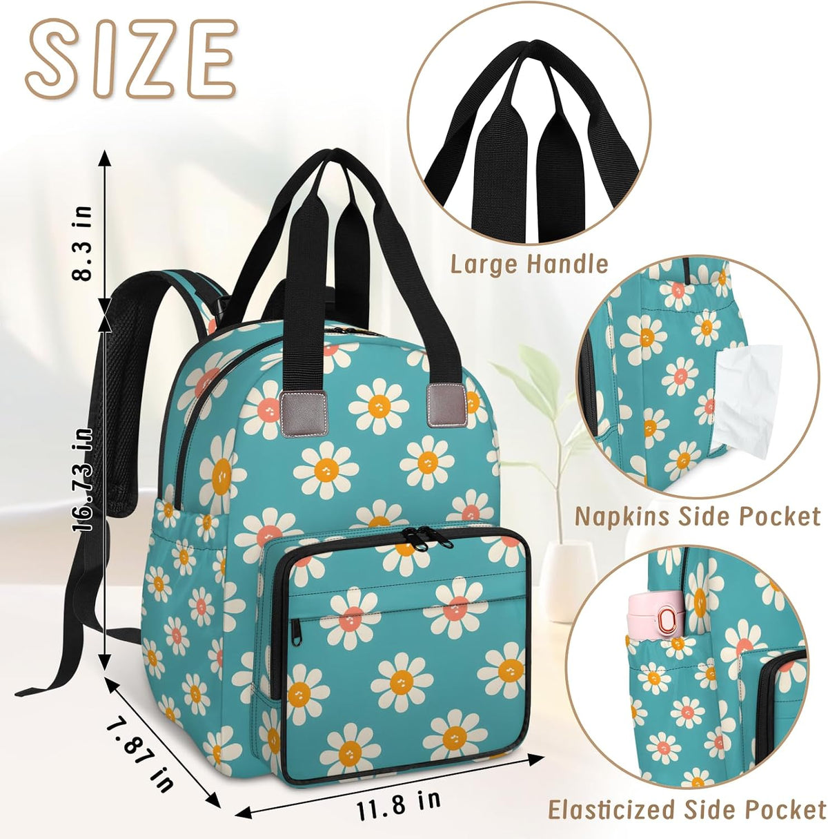 Cute Daisly Flowers Diaper Bag Backpack for Travel, Waterproof Diaper Bag with Insulated Bottle Pockets & USB Port, Large Capacity Baby Bag for Moms & Dads