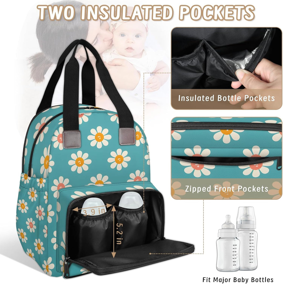 Cute Daisly Flowers Diaper Bag Backpack for Travel, Waterproof Diaper Bag with Insulated Bottle Pockets & USB Port, Large Capacity Baby Bag for Moms & Dads