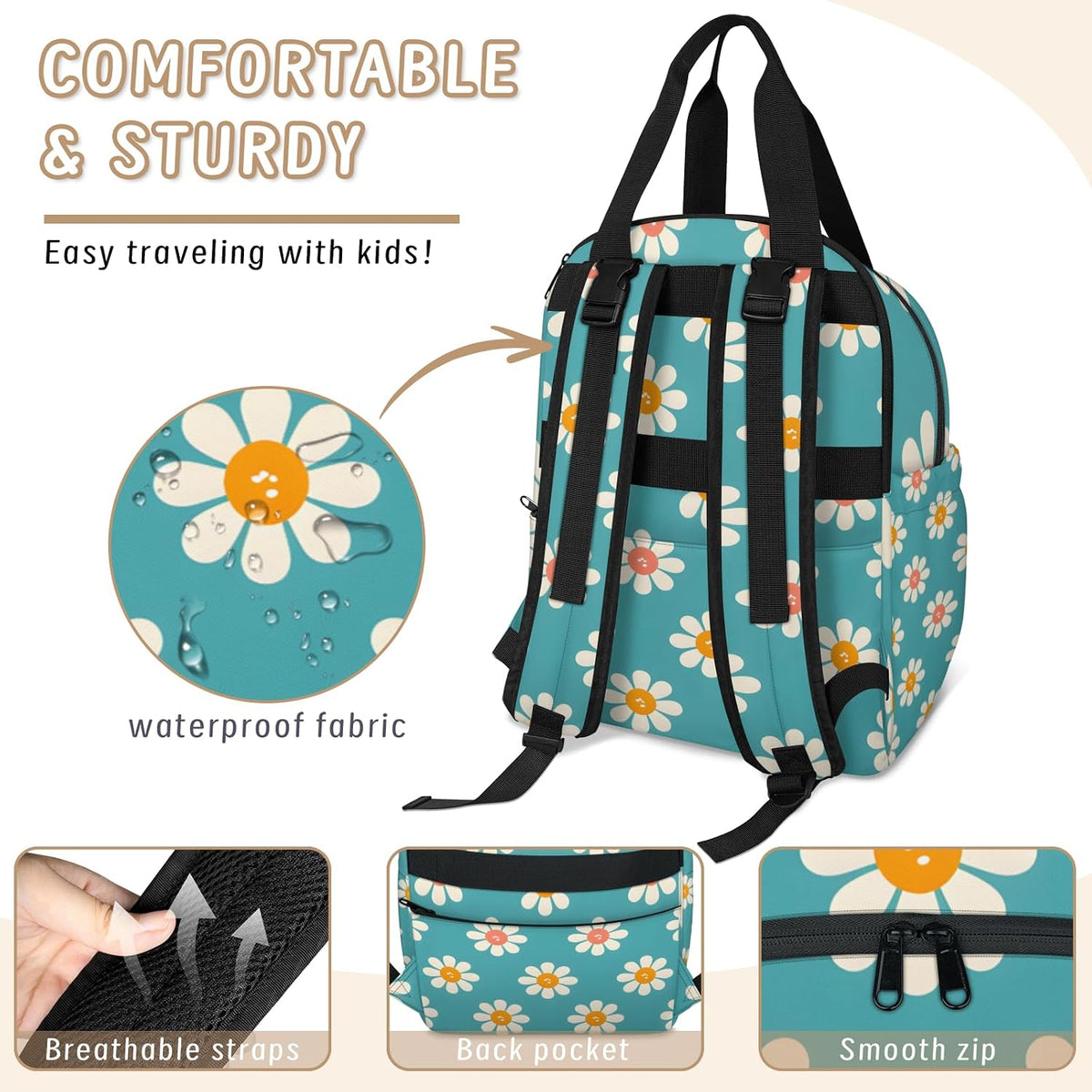 Cute Daisly Flowers Diaper Bag Backpack for Travel, Waterproof Diaper Bag with Insulated Bottle Pockets & USB Port, Large Capacity Baby Bag for Moms & Dads