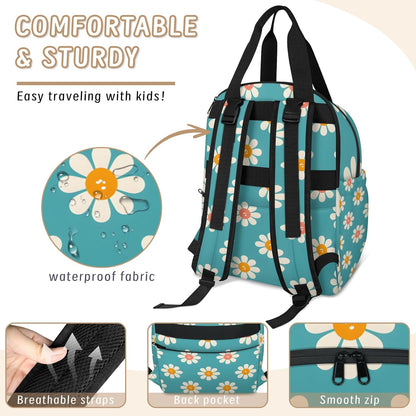 Cute Daisly Flowers Diaper Bag Backpack for Travel, Waterproof Diaper Bag with Insulated Bottle Pockets & USB Port, Large Capacity Baby Bag for Moms & Dads