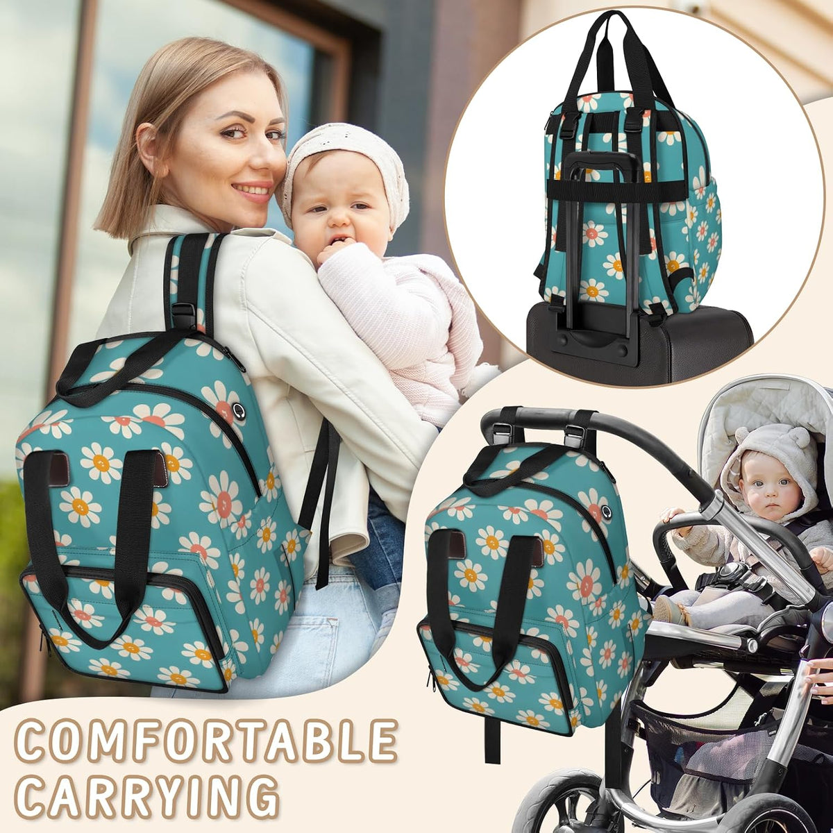 Cute Daisly Flowers Diaper Bag Backpack for Travel, Waterproof Diaper Bag with Insulated Bottle Pockets & USB Port, Large Capacity Baby Bag for Moms & Dads