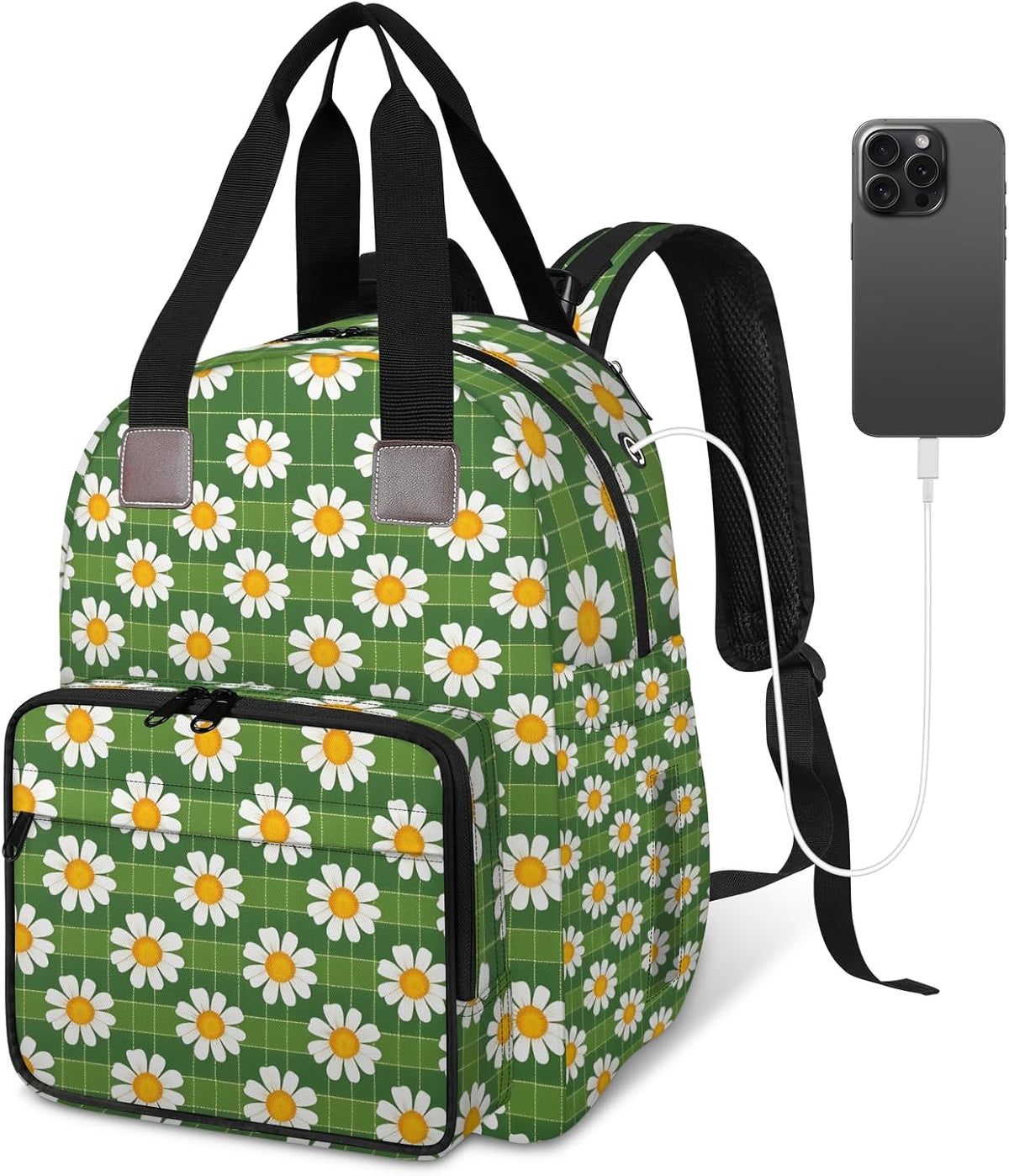 Cute Daisly Flowers Diaper Bag Backpack for Travel, Waterproof Diaper Bag with Insulated Bottle Pockets & USB Port, Large Capacity Baby Bag for Moms & Dads
