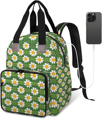 Cute Daisly Flowers Diaper Bag Backpack for Travel, Waterproof Diaper Bag with Insulated Bottle Pockets & USB Port, Large Capacity Baby Bag for Moms & Dads