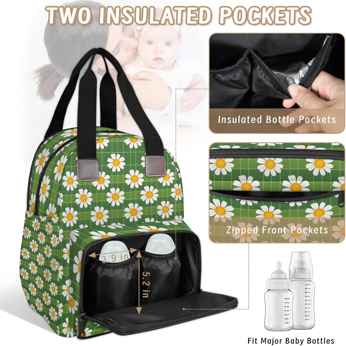 Cute Daisly Flowers Diaper Bag Backpack for Travel, Waterproof Diaper Bag with Insulated Bottle Pockets & USB Port, Large Capacity Baby Bag for Moms & Dads