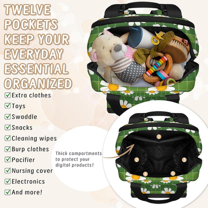 Cute Daisly Flowers Diaper Bag Backpack for Travel, Waterproof Diaper Bag with Insulated Bottle Pockets & USB Port, Large Capacity Baby Bag for Moms & Dads