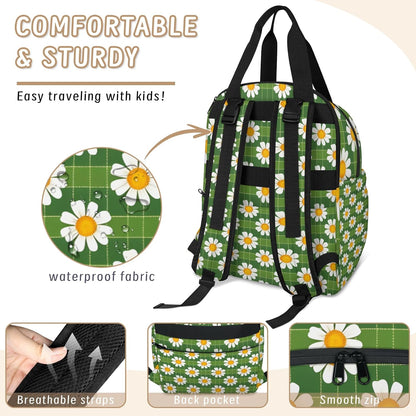 Cute Daisly Flowers Diaper Bag Backpack for Travel, Waterproof Diaper Bag with Insulated Bottle Pockets & USB Port, Large Capacity Baby Bag for Moms & Dads