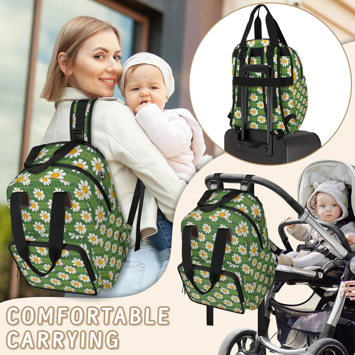 Cute Daisly Flowers Diaper Bag Backpack for Travel, Waterproof Diaper Bag with Insulated Bottle Pockets & USB Port, Large Capacity Baby Bag for Moms & Dads