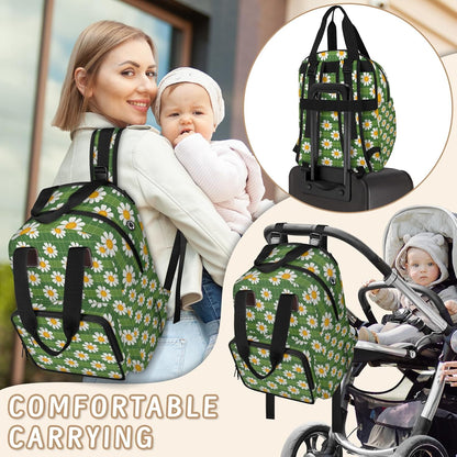 Cute Daisly Flowers Diaper Bag Backpack for Travel, Waterproof Diaper Bag with Insulated Bottle Pockets & USB Port, Large Capacity Baby Bag for Moms & Dads
