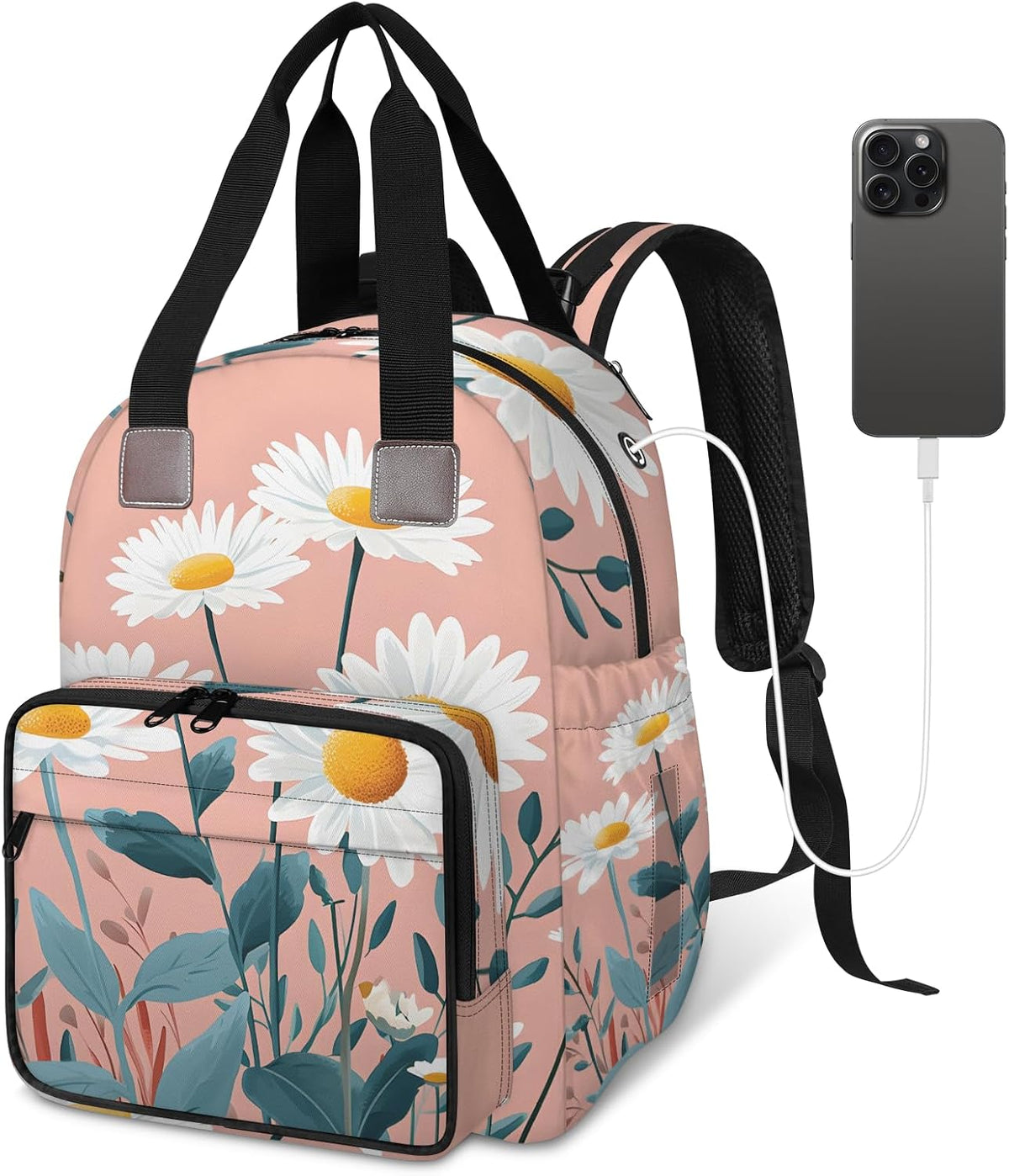 Cute Daisly Flowers Diaper Bag Backpack for Travel, Waterproof Diaper Bag with Insulated Bottle Pockets & USB Port, Large Capacity Baby Bag for Moms & Dads