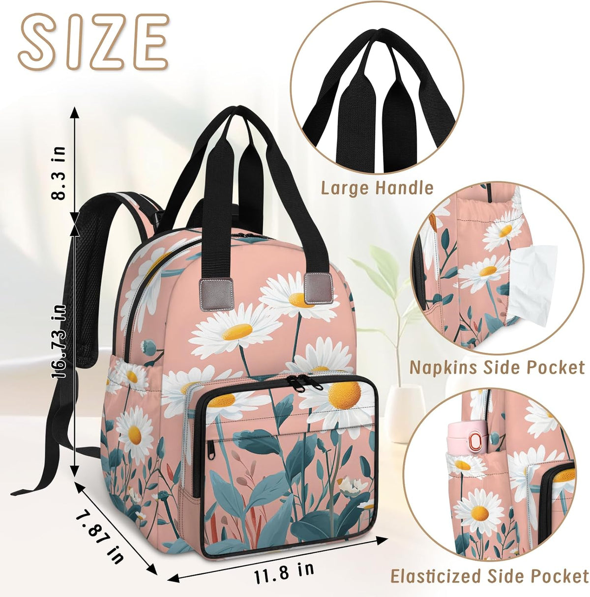 Cute Daisly Flowers Diaper Bag Backpack for Travel, Waterproof Diaper Bag with Insulated Bottle Pockets & USB Port, Large Capacity Baby Bag for Moms & Dads