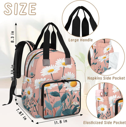 Cute Daisly Flowers Diaper Bag Backpack for Travel, Waterproof Diaper Bag with Insulated Bottle Pockets & USB Port, Large Capacity Baby Bag for Moms & Dads