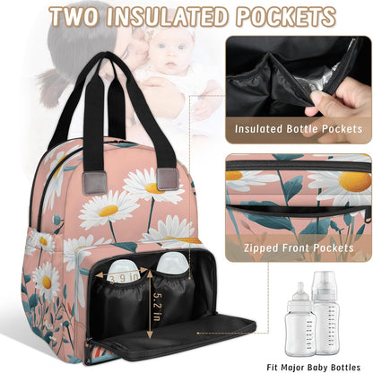 Cute Daisly Flowers Diaper Bag Backpack for Travel, Waterproof Diaper Bag with Insulated Bottle Pockets & USB Port, Large Capacity Baby Bag for Moms & Dads