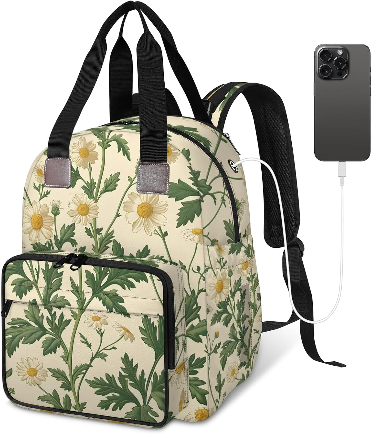 Cute Daisly Flowers Diaper Bag Backpack for Travel, Waterproof Diaper Bag with Insulated Bottle Pockets & USB Port, Large Capacity Baby Bag for Moms & Dads