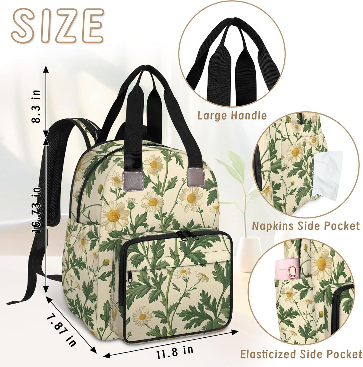 Cute Daisly Flowers Diaper Bag Backpack for Travel, Waterproof Diaper Bag with Insulated Bottle Pockets & USB Port, Large Capacity Baby Bag for Moms & Dads
