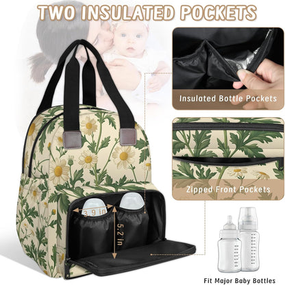 Cute Daisly Flowers Diaper Bag Backpack for Travel, Waterproof Diaper Bag with Insulated Bottle Pockets & USB Port, Large Capacity Baby Bag for Moms & Dads