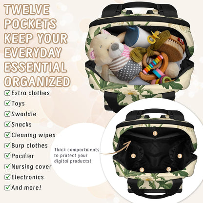 Cute Daisly Flowers Diaper Bag Backpack for Travel, Waterproof Diaper Bag with Insulated Bottle Pockets & USB Port, Large Capacity Baby Bag for Moms & Dads