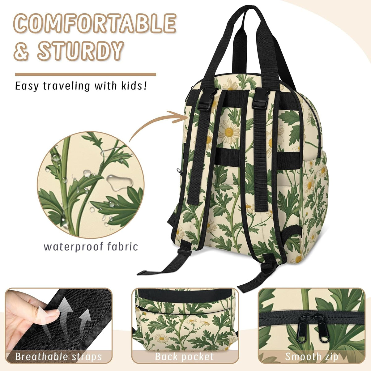 Cute Daisly Flowers Diaper Bag Backpack for Travel, Waterproof Diaper Bag with Insulated Bottle Pockets & USB Port, Large Capacity Baby Bag for Moms & Dads