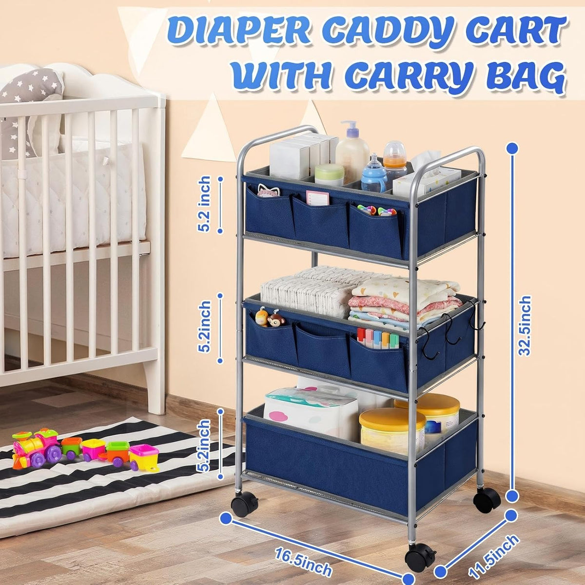 WILLBOND 3 Tier Blue Baby Diaper Caddy Organizer Cart with 4+3 Dividers Large Capacity Metal Utility Bedside Rolling Cart Newborn Registry Nursery Essential Must Have Crib Bedroom Baby Shower