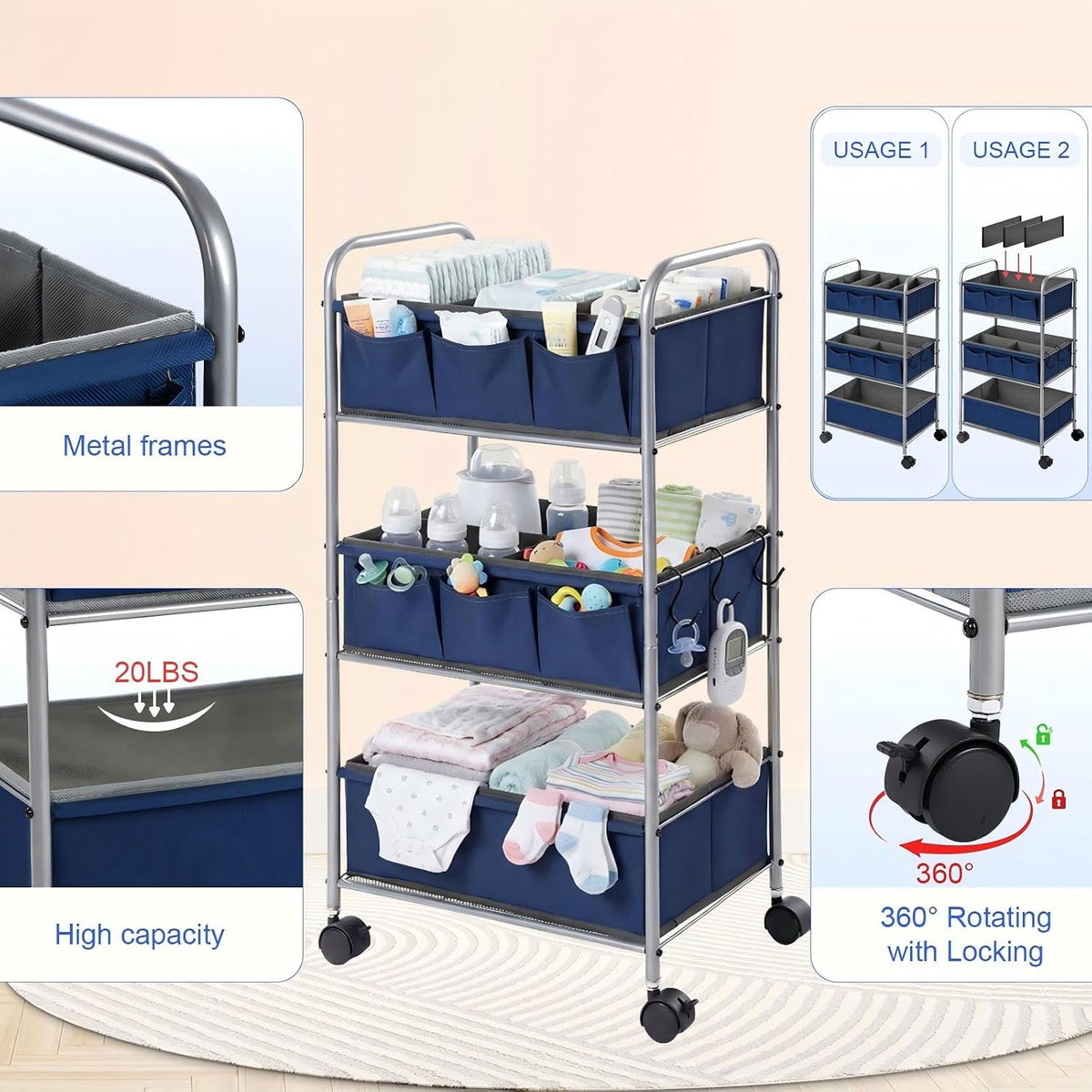 WILLBOND 3 Tier Blue Baby Diaper Caddy Organizer Cart with 4+3 Dividers Large Capacity Metal Utility Bedside Rolling Cart Newborn Registry Nursery Essential Must Have Crib Bedroom Baby Shower