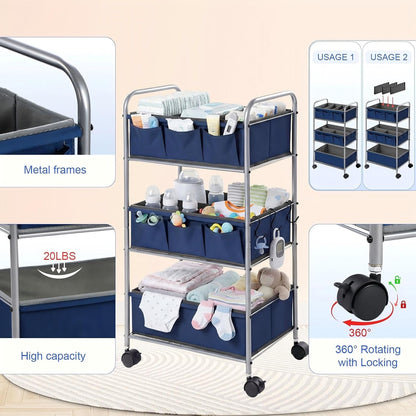 WILLBOND 3 Tier Blue Baby Diaper Caddy Organizer Cart with 4+3 Dividers Large Capacity Metal Utility Bedside Rolling Cart Newborn Registry Nursery Essential Must Have Crib Bedroom Baby Shower