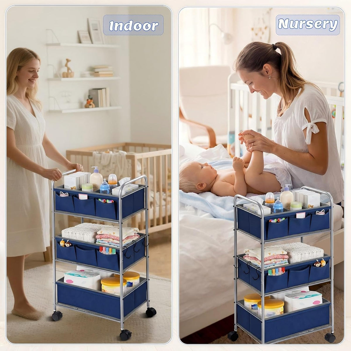 WILLBOND 3 Tier Blue Baby Diaper Caddy Organizer Cart with 4+3 Dividers Large Capacity Metal Utility Bedside Rolling Cart Newborn Registry Nursery Essential Must Have Crib Bedroom Baby Shower