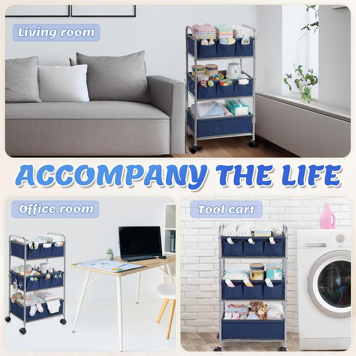 WILLBOND 3 Tier Blue Baby Diaper Caddy Organizer Cart with 4+3 Dividers Large Capacity Metal Utility Bedside Rolling Cart Newborn Registry Nursery Essential Must Have Crib Bedroom Baby Shower