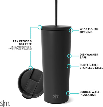 Insulated Tumbler with Lid and Straw | Iced Coffee Cup Reusable Stainless Steel Water Bottle Travel Mug | Gifts for Women Men Her Him | Classic Collection | 24oz | Riptide