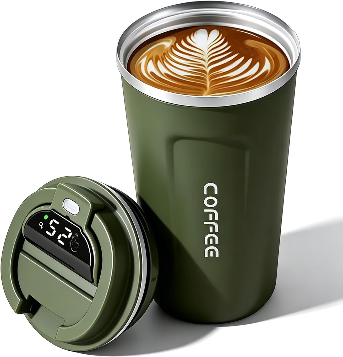 Smart Coffee Mug with Temperature Display 510ml Large Capacity, 304 Stainless Steel Insulated Travel Coffee Cup, Portable Thermal Mug with Leakproof Lid for Home Office Outdoor Use Green