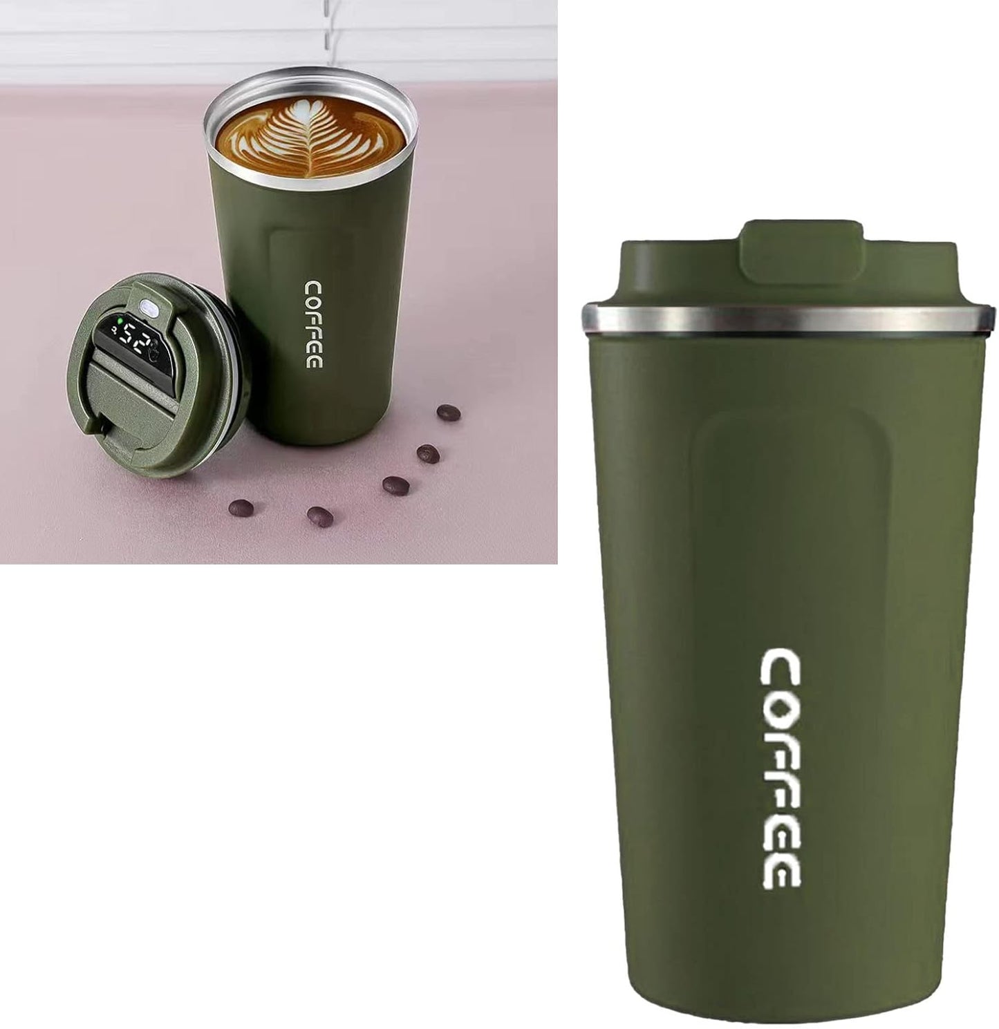 Smart Coffee Mug with Temperature Display 510ml Large Capacity, 304 Stainless Steel Insulated Travel Coffee Cup, Portable Thermal Mug with Leakproof Lid for Home Office Outdoor Use Green