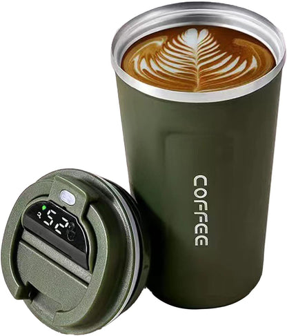 Smart Coffee Mug with Temperature Display 510ml Large Capacity, 304 Stainless Steel Insulated Travel Coffee Cup, Portable Thermal Mug with Leakproof Lid for Home Office Outdoor Use Green