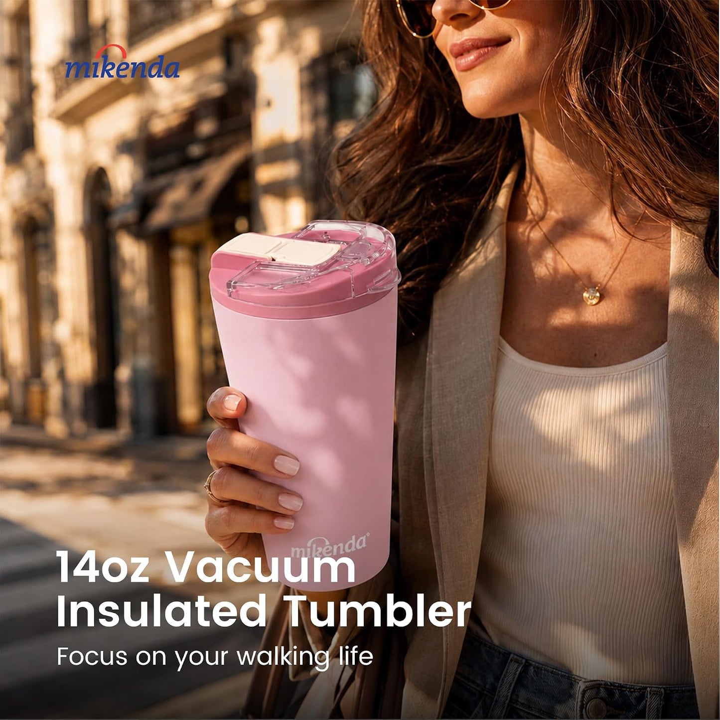 14oz Vacuum Insulated Tumbler with Straw Lid, Stainless Steel Double Wall Travel Cup, 2-in-1 Sip & Straw Lid, BPA Free Reusable Cup for Water, Iced Coffee, Tea, Hot Cold Drinks, Pink