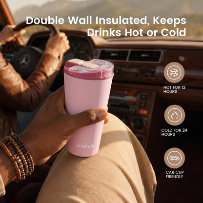 14oz Vacuum Insulated Tumbler with Straw Lid, Stainless Steel Double Wall Travel Cup, 2-in-1 Sip & Straw Lid, BPA Free Reusable Cup for Water, Iced Coffee, Tea, Hot Cold Drinks, Pink